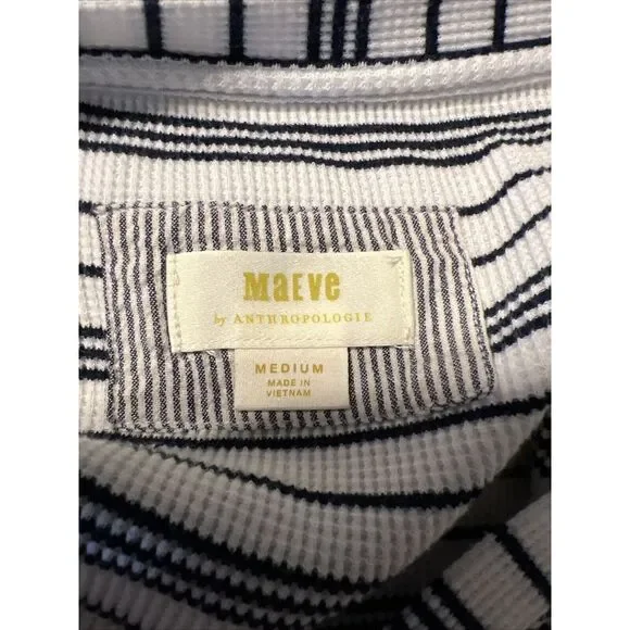 Anthropologie Maeve M Eliza Thermal Top Waffle Knit Tunic Navy Blue White Stripe - Picture 5 of 6
